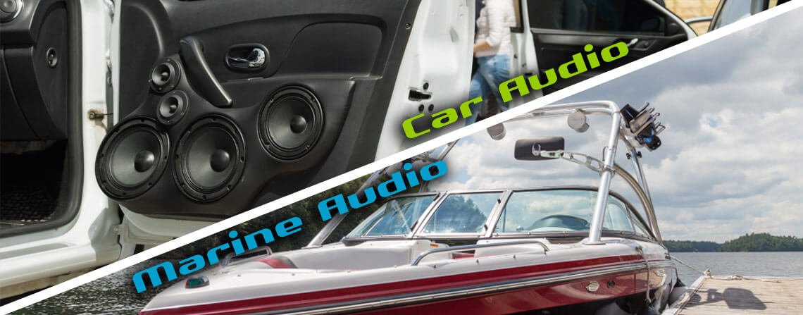 Collage photo split diagonally in half with the top half showing car audio systems and the bottom half showing a ski boat tied to a dock
